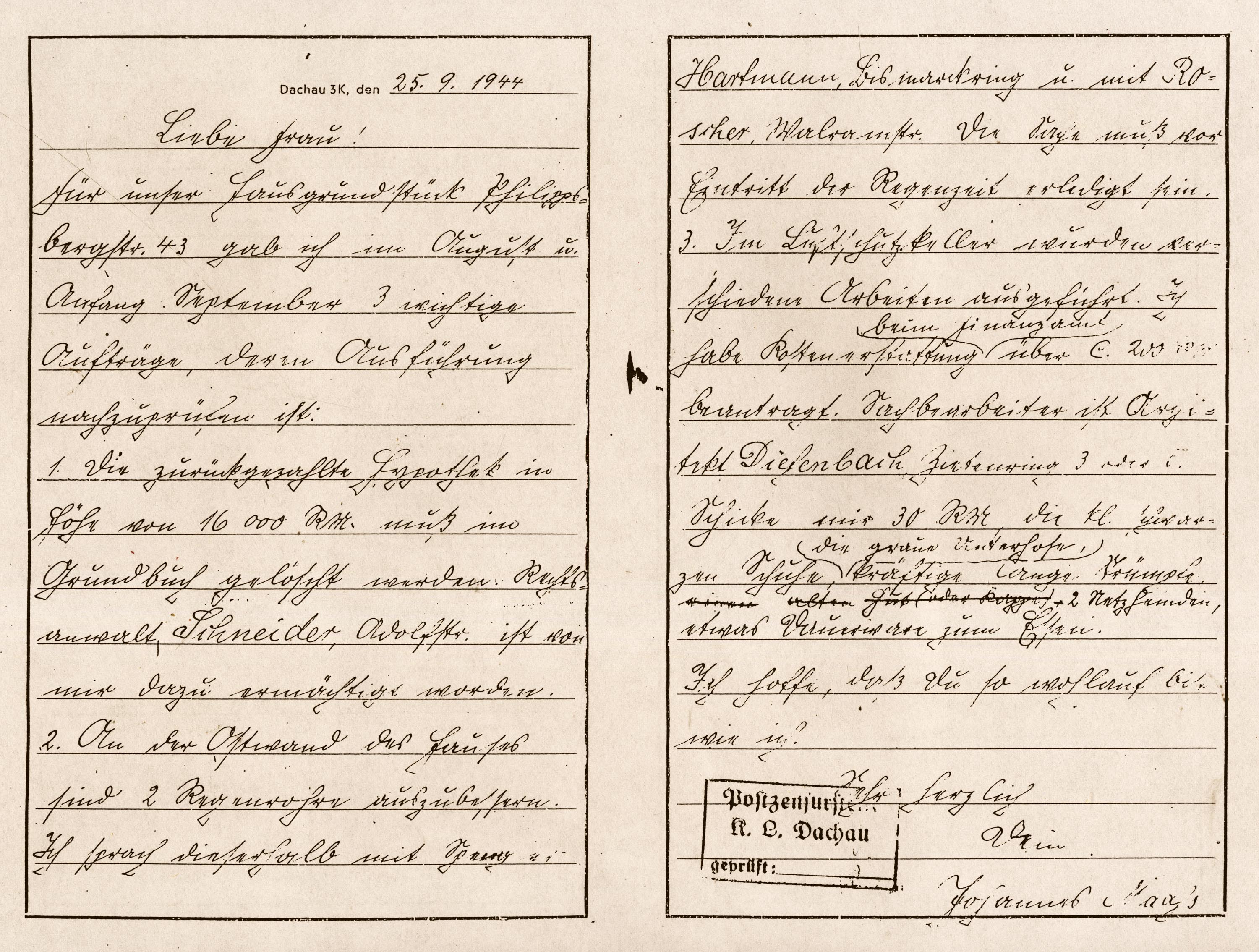 Brief aus dem KZ Dachau an seine Ehefrau Anna
